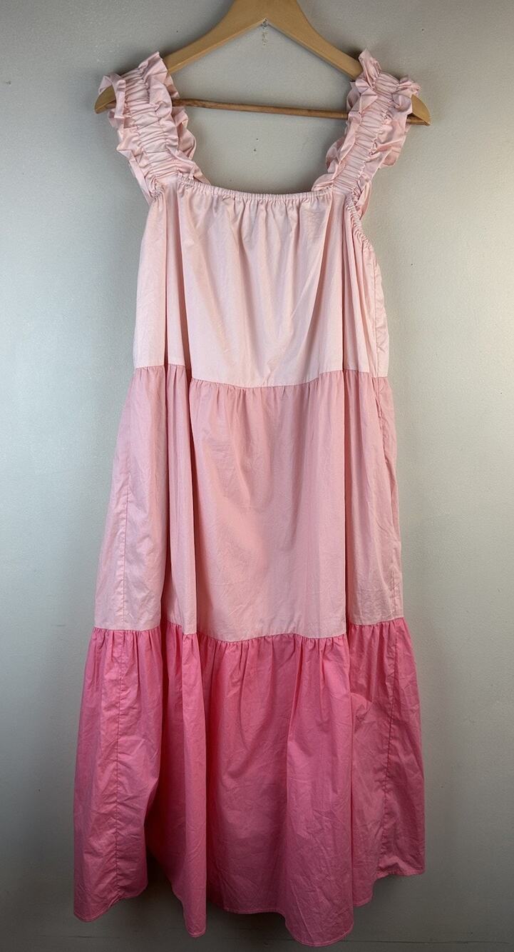 ENGLISH FACTORY Tiered Midi Dress Ruffle Sleeve Colorblock Sz S Pink Square